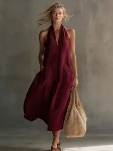 2026 New Halter Backless Dress, Summer Cloud Cotton Loose Midi Dress, Pocket Lazy Beach Dress, Elegant Style, Plain Pattern