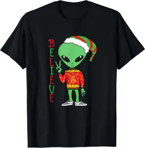 Funny Christmas Alien Ugly Sweater I Believe Santa Hat Gift T-Shirt Pure Cotton Graphic Tees Menswear Top: Gifts for Men & Women, Natural, Shortsleeve