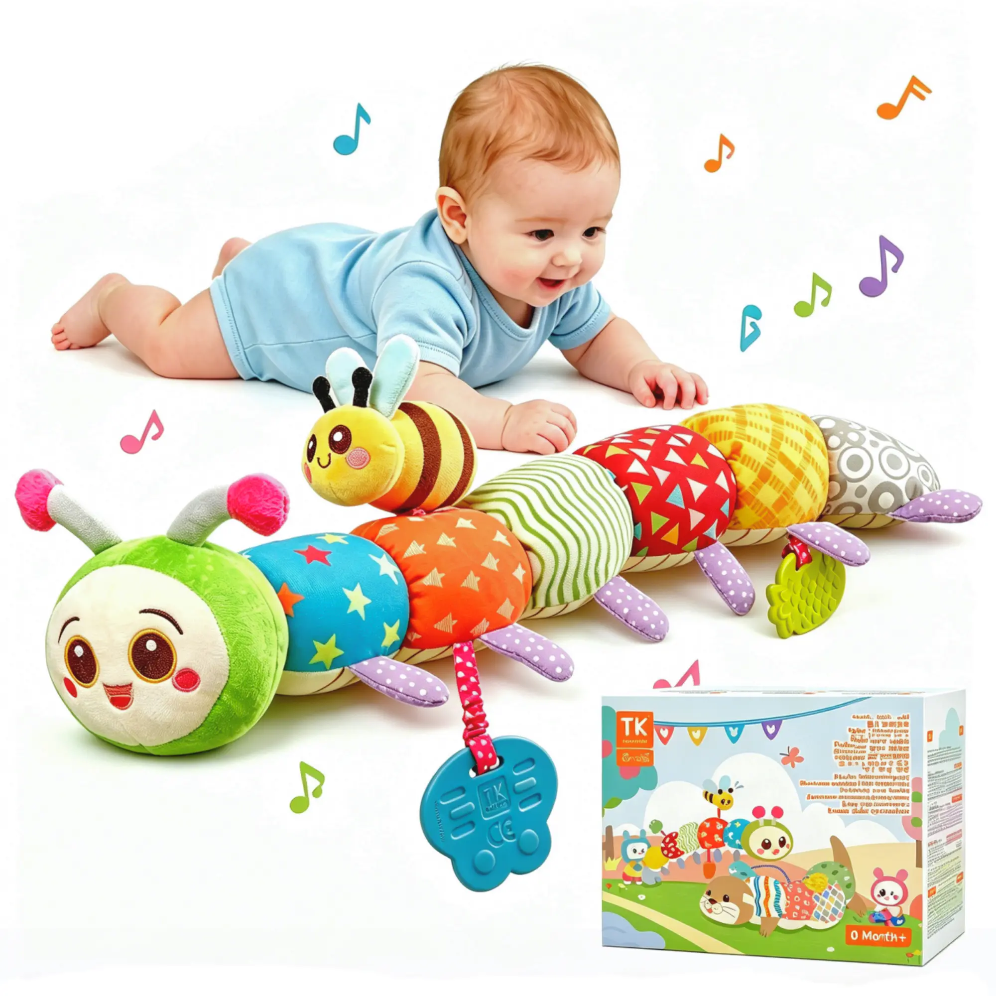 Baby Sensory Toy, Montessori Caterpillar Animal Stuffed Toy with Teethers for Infant 0-6 12 Months, Tummy Time Sensory Toy Newborn Boys Girls Shower Birthday Gifts