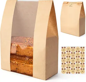 50 count Bread Bags for Homemade Bread - 50% Thicker Sourdough Paper Bags With Window - 13.7 x 8.3 inch Bakery Bag with 75 Sealing Stickers for Storage Bakery Cookies & Snacks