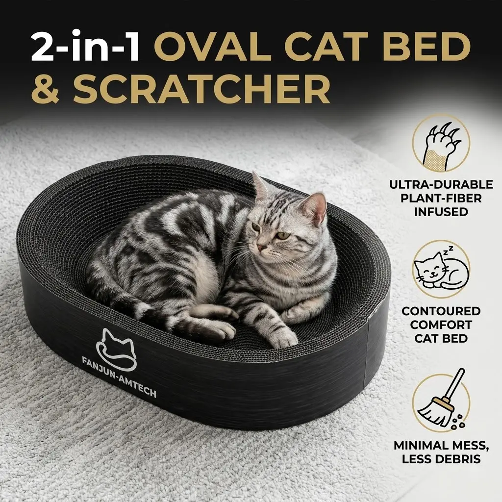 2-in-1 Oval Cat Scratcher Cardboard & Lounge Bed, Upgraded High-Density Corrugated Paper with Plant Fiber, Sleek Black Scratching Nest for Indoor Cats Cat Furniture cool cat stuff for indoor tiktokshopsummersale