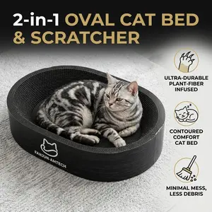 2-in-1 Oval Cat Scratcher Cardboard & Lounge Bed, Upgraded High-Density Corrugated Paper with Plant Fiber, Sleek Black Scratching Nest for Indoor Cats