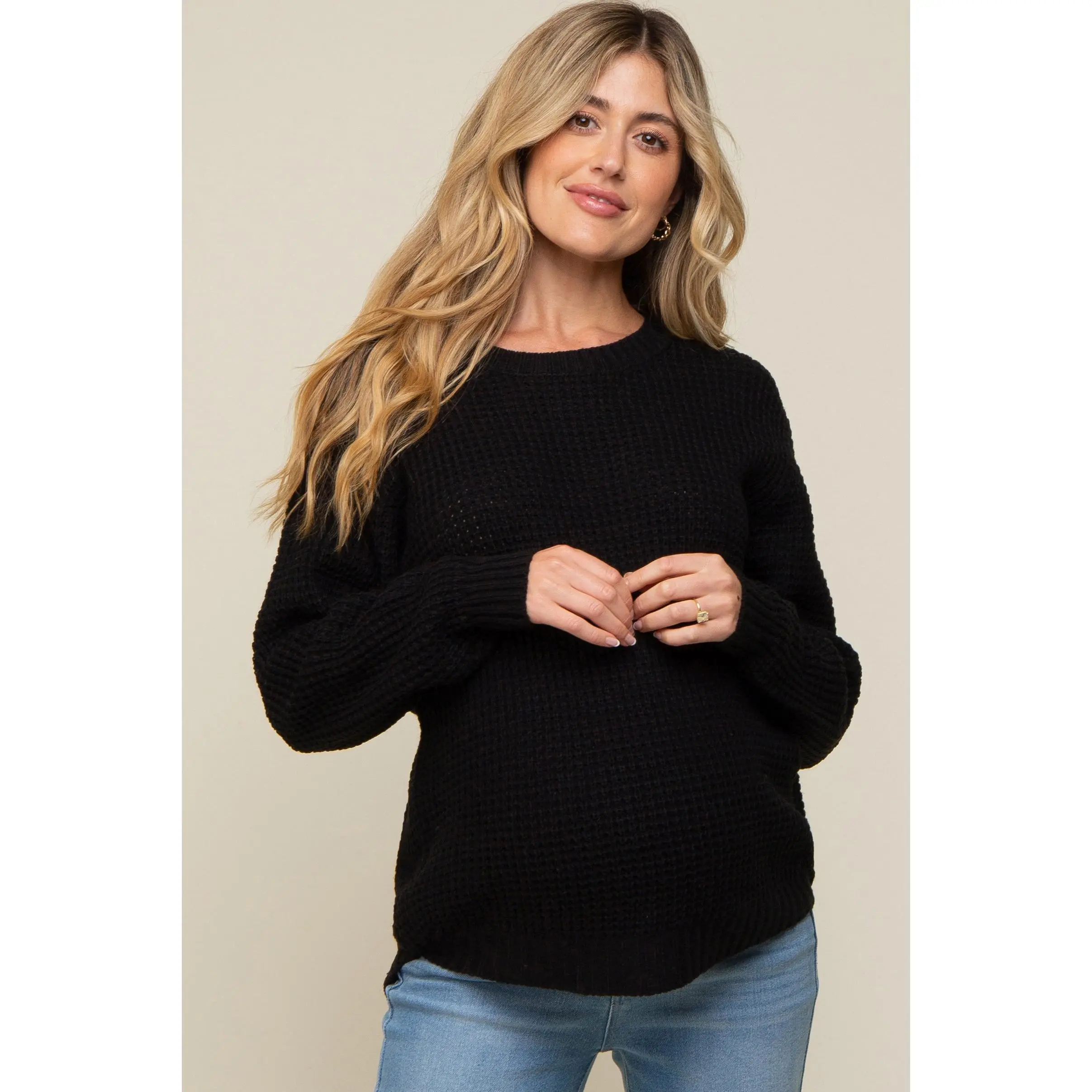 Black Waffle Knit Round Hem Maternity Sweater
