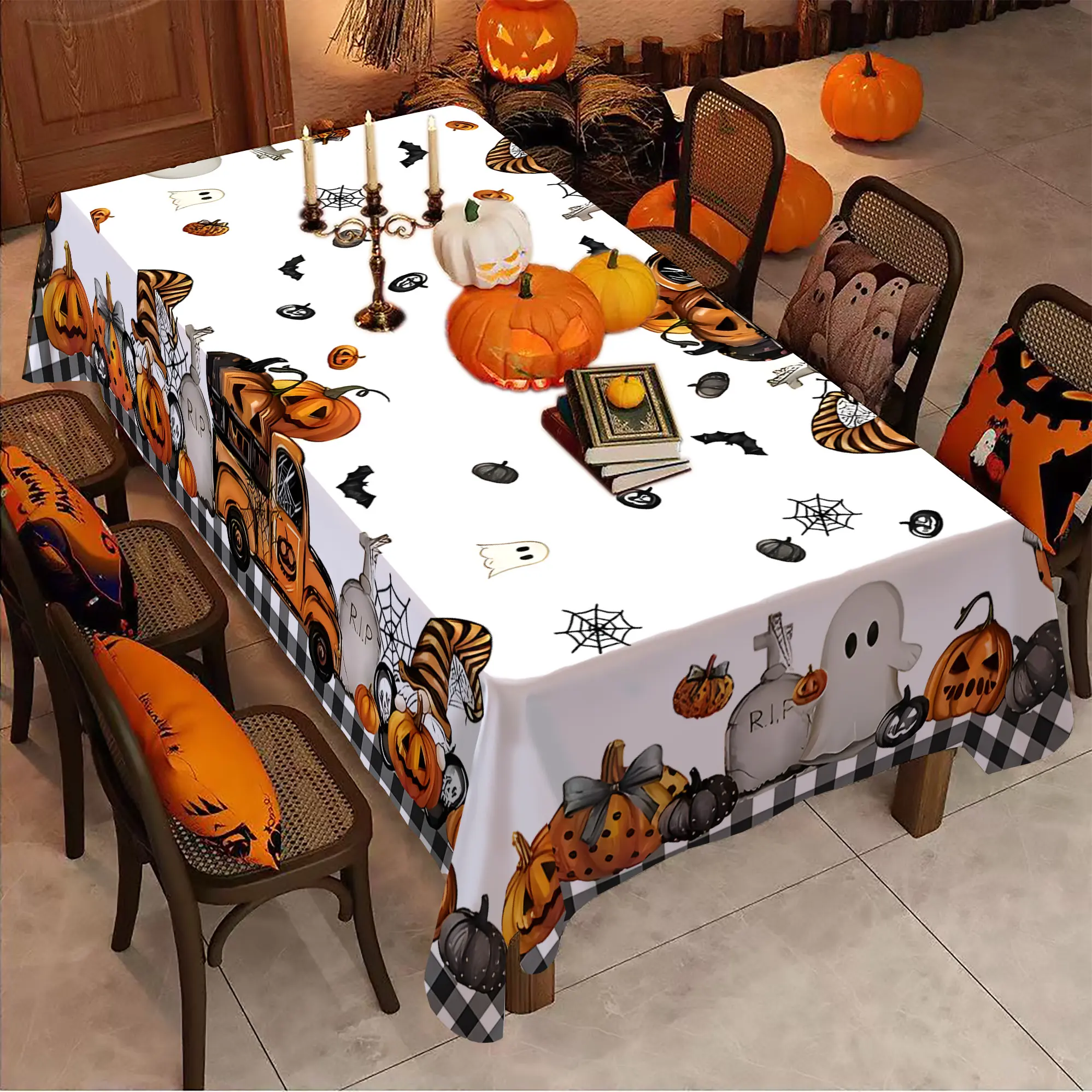 1pc Vintage Halloween Tablecloth with Skull, Pumpkin, and Bat Design - Spooky Orange & Black Checkered Background for Kitchen, Party, or Dining Table Decor, Halloween Decorations, Party Decor Supplies