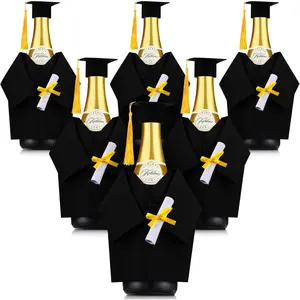 6 Pcs Graduation Wine Coat Bottle Covers Sets, Felt Graduation Gown and Bottle Toppers Doctoral Cap with Tassels Suit for Wine Champagne Bottle for Party Decoration, Not Include White Scroll (Black)