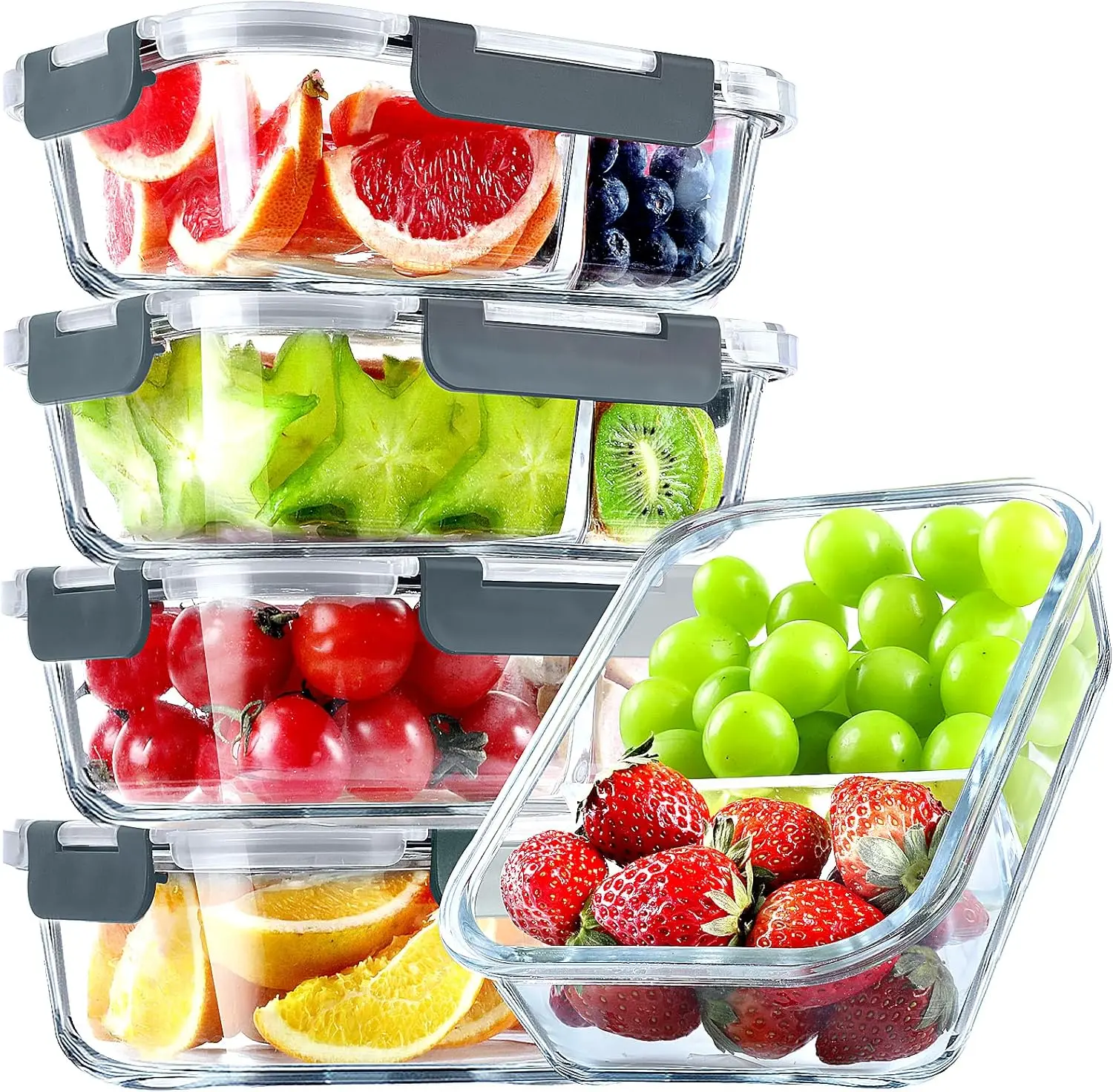 5 Pack Glass Meal Prep Containers 2 Compartment Set, 36OZ Airtight Glass Lunch Containers, Glass  Storage Containers with , for Microwave, Oven, Freezer & Dishwasher Friendly,Grey