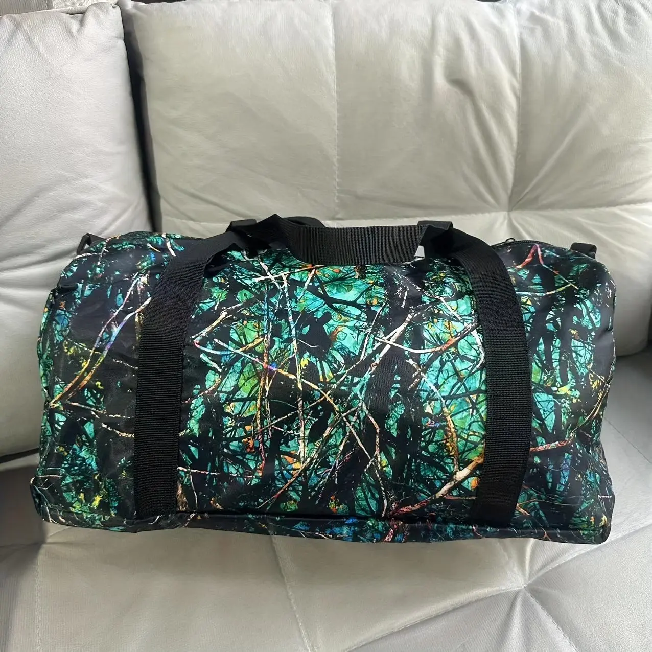 Purple Or Green Camo Print Travel Duffel Bag Large Capacity, Foldable Sports & Training Shoulder Bag