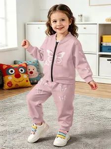 Light foundation white butterfly gentle style printed zipper jacket and trousers set for baby girls, lovely casual outfits for infant girls, suitable for daily wear and outdoor activities, perfect gift for babies