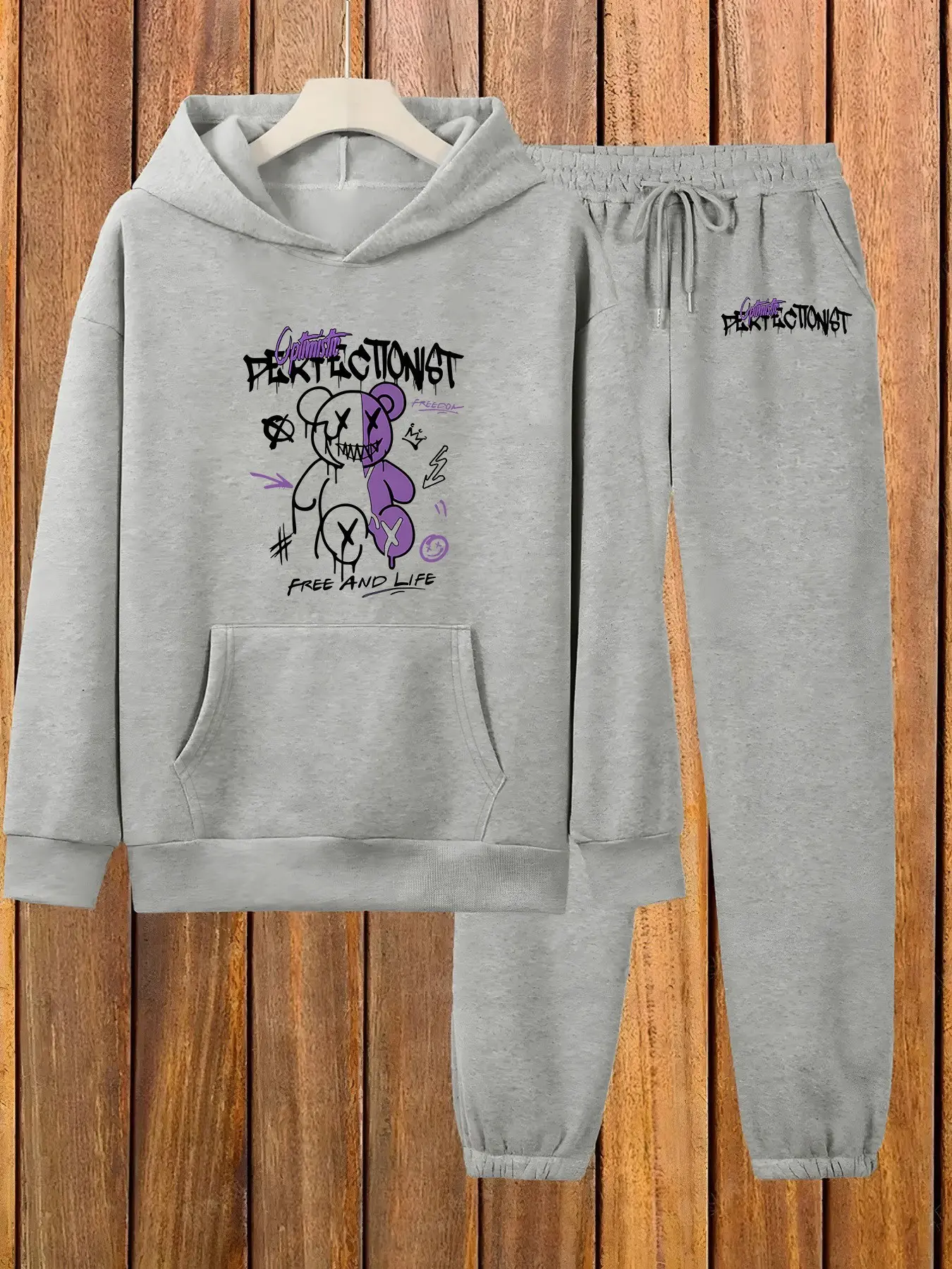 Women's Hooded Sweatshirt Set, Fall & Winter Graffiti Style, Optimistic Perfect Doll Text Decor, Dark Cool Trendy Design