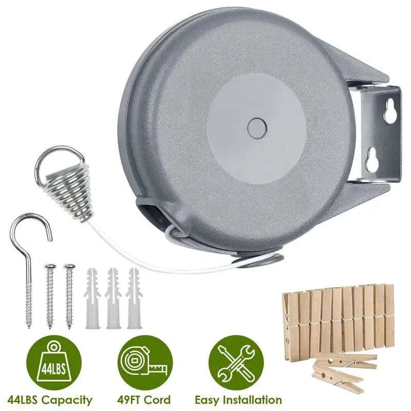 49FT Retractable Clothesline - Heavy Duty Portable Indoor/Outdoor Washing Line, Easy Wall Mount, Grey PVC Laundry Solution