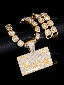 Stylish Credit Card Pendant Necklace, Iced Out Blingbling Rock Sugar Chain, Jazz Cuban Chain, High Quality Hip Hop Jewelry, Perfect for Party & Festival