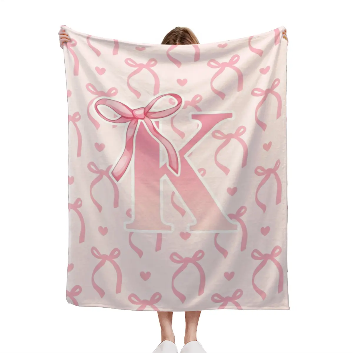 Coquette Pink Bow Initial X Throw Blanket, Monogram Letter X Flannel Blanket, Soft Cute Girly Aesthetic Decor Blanket, Personalized Gift for Women