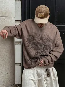 Men's Halloween Sweater Pullover, Casual Loose Fit Ripped Long Sleeve Knitwear Top, Round Neck, Street Style Stylish, Plain Color, Religion Pattern, Fall Fashion