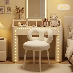 Cute Bowknot Backrest Vanity Stool, Soft Makeup Chair for Women Girls Bedroom, Armless Dressing Chair with Adjustable Foot Pads Living Room Side Seat