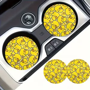 2pcs Cute Duck Car Cup Holder Coasters - Keeps Drink Holders Clean & Dry, Easy Finger Notch Design, Durable EVA Material, Yellow joyful Face Pattern, Car Cup Holder Coaster | Playful Design | Durable EVA Coaster