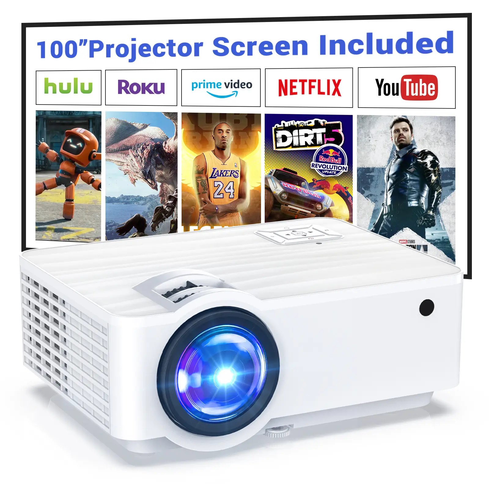 GROVIEW Mini Projector, 1080P HD, Portable Movie Projector with 100" Screen for Bedroom, Wireless Audio, Game, and Square Viewing Bluetooth