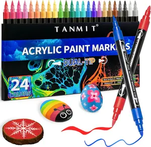 24 Color ,  Tip Acrylic Paint  with Brush Tip and Fine Tip, Acrylic Pens for Rock Painting, Wood, Canvas, Stone, Glass, Ceramic,DIY Crafts Making  Supplies dual animation professional art alcohol markers acrylic paint marker illustration dual-tip mattop