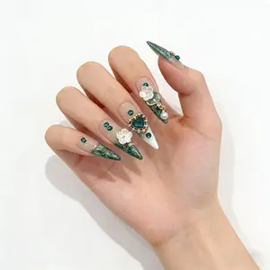Kallfrane Handmade Wearable Nail Art Emerald Green Zircon Flower Manicure 1229 Rhinestones