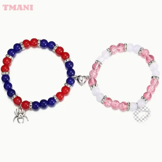 TMANI Women's 2 Punk Style Glass Bead Bracelets - Adjustable Magnetic Wristbands with Spider & Cat Charms, Jewelry for Women, Quirky Gifts for Boyfriends, Cute Boyfriend Gifts for Adults, Ideal for Daily Wear & Christmas