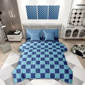 7 Piece Blue Boys Comforter Set,Navy Blue Teen Boy Bedding Set,Geometric Checkered Plaid Bed in A Bag with Sheets for Kids Men,Grids Gingham Bed Set with Cushion Covers