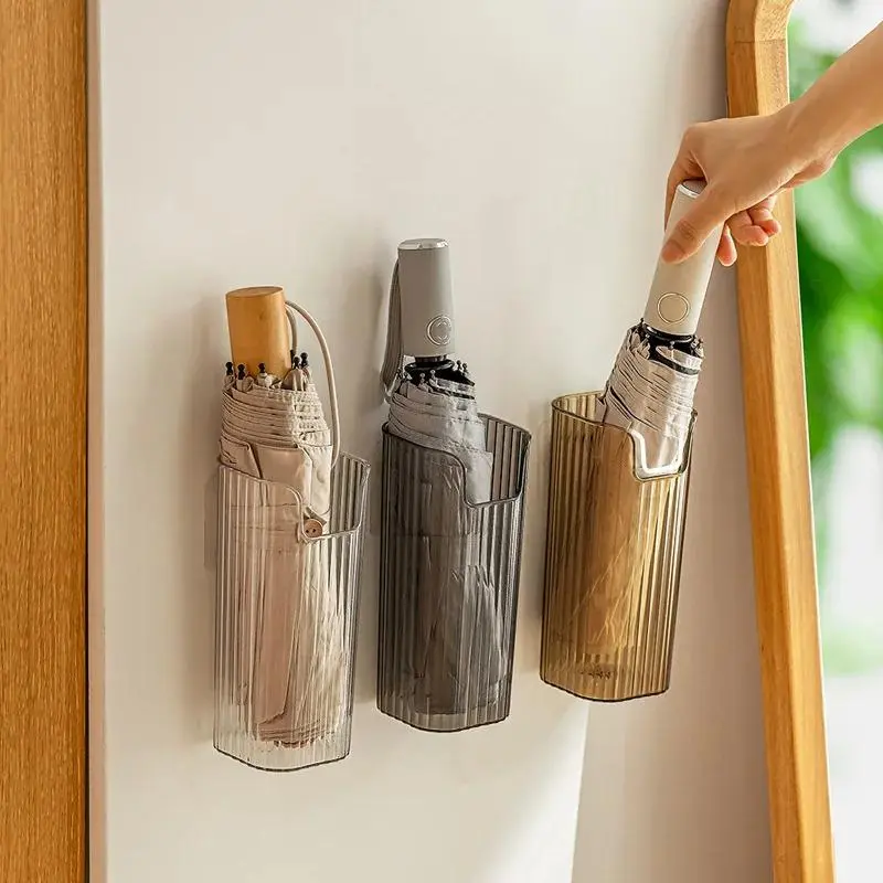 Wall Mount Storage Box No Drill Acrylic Ribbed Organizer For Long Short Umbrella Clear Hanging Pencil Holder Durable Plastic Space Saving Caddy Home Decor For Kitchen Bathroom Balcony Entryway Door