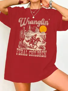Women's Vintage Cowboy & Landscape Print Round Neck Tee, Casual Fitted Short Sleeve T-shirt for Daily Wear, Ladies Summer Tops