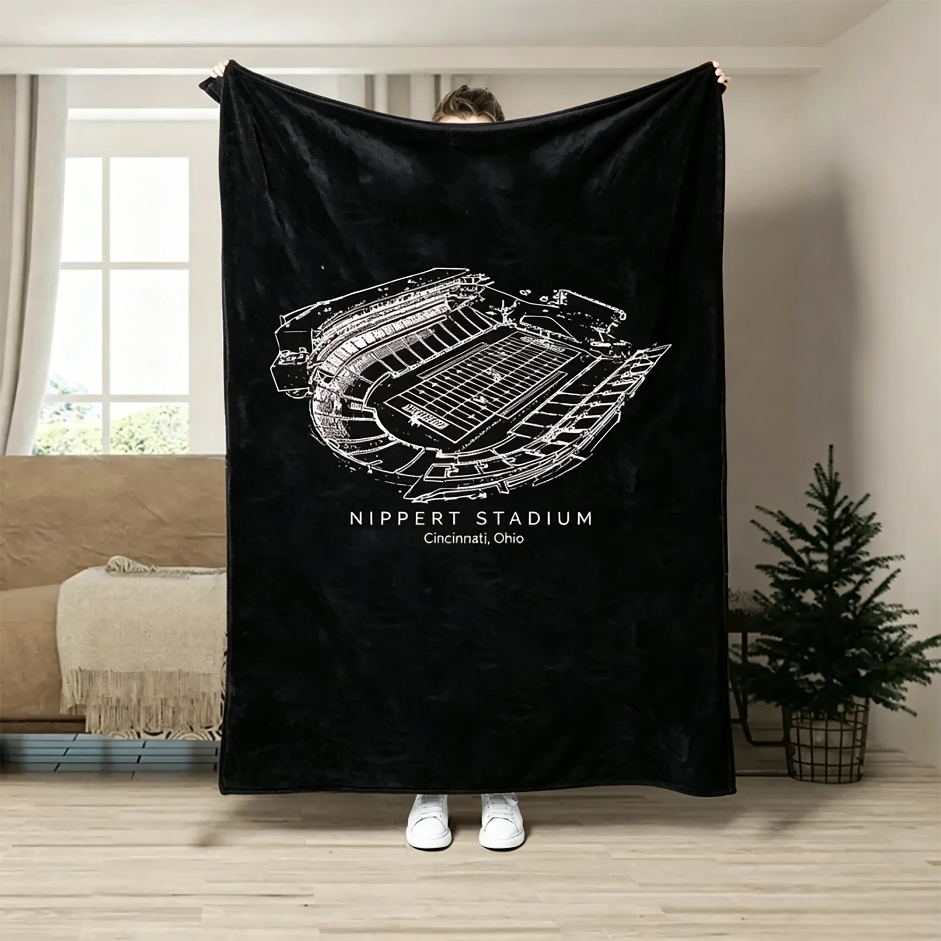 Nippert Stadium Flannel Blanket - Cincinnati Football Throw - Bearcats Fan Gift - College Sports Blueprint Game Day Decor
