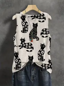 Women's Elegant Cartoon Animal Cat Print Round Neck Sweater Vest, Sleeveless Knit Top for Spring Summer Fall, Breathable Casual Fashion, Casual Sleeveless Knitwear