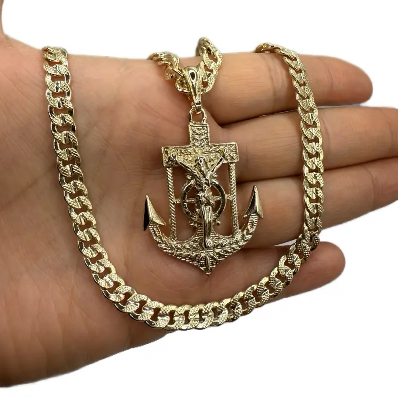 Anchor with Christ On The Cross Cuban Chain Gold Plated 24 Inch Oro Laminado Necklace