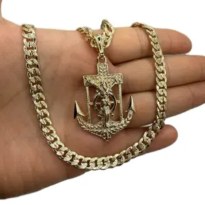 Anchor with Christ On The Cross Cuban Chain Gold Plated 24 Inch Oro Laminado Necklace