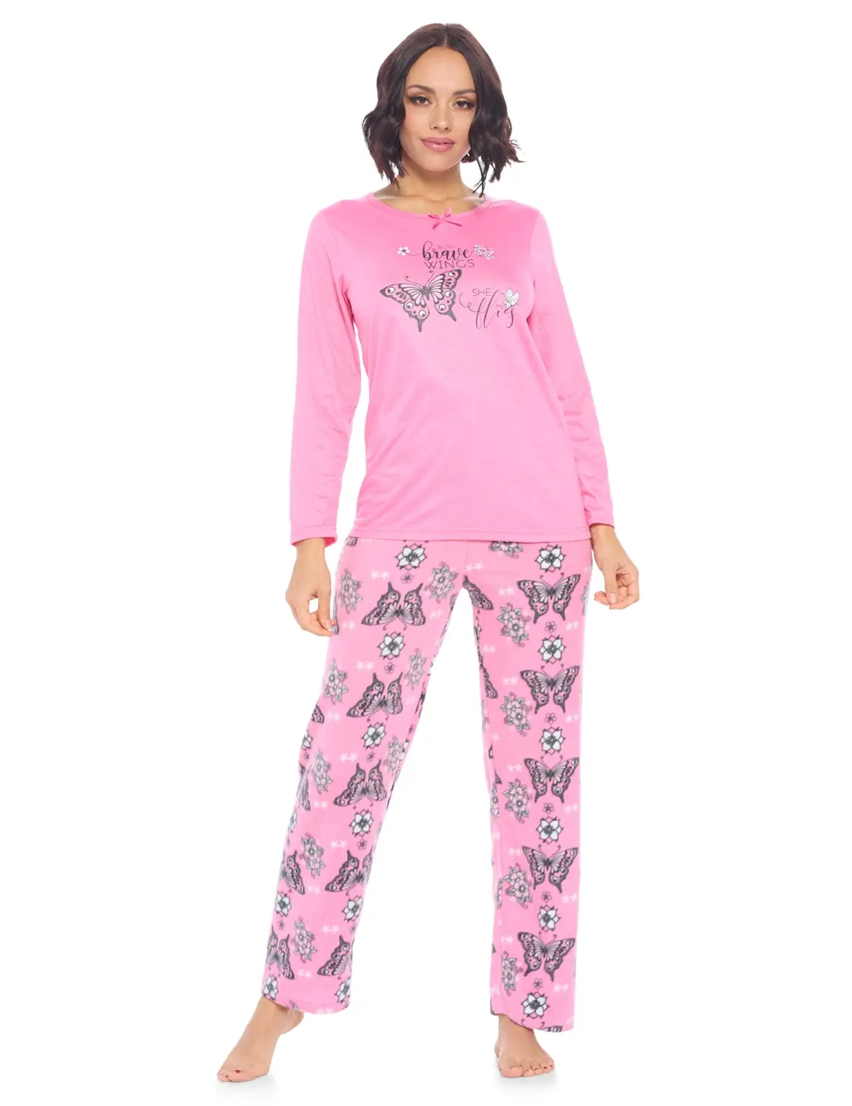 Casual Nights Women's 2-Piece Pajama Set - Long Sleeve Jersey Knit Shirt Tee, Printed Micro Fleece Drawstring Pants, Comfortable Girl's Nightwear Loungewear, Ladies, Satin, Soft, Cotton, House, Plus Size, Cute Pajamas, Crew Neck, Screen Print, Thoughtful,