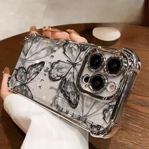 Transparent four-corner airbag electroplating anti-fall mobile phone case, butterfly pattern, full protection camera anti-fall and anti-collision,for iPhone 11 12 13 14 15 16 17Series