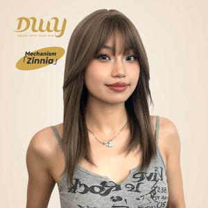 Zinnia -DWY Mid-length Tea Brown Layer-cut Stright with Bangs Glueless Synthetic Wig for Women 16 Inches