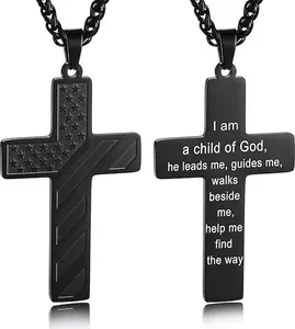 Cross Necklace Bible Verse Stainless Steel American Flag Pendant Chain for Men Boys Jewelry Gift