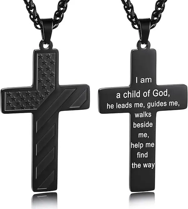 American Flag Cross Necklaces for Men - Stainless Steel Biblical Themed Christian Charm Necklaces with Bible Verse Pendant Chain, Jewelry Gift, Biblical Themed Necklaces