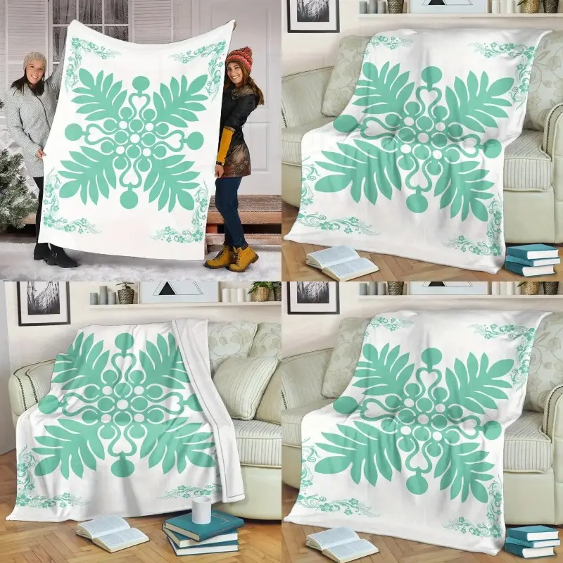 s Champion Lightweight Flannel Quilted Throw Blanket with Retro Geometric Fern Pattern in Seafoam Green White Soft Bedspread for All Seasons Cozy Home Dr Tropical Design Seamless Finish