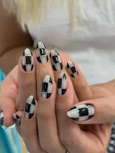 Handmade Silver Chrome Checkerboard Press On Nails