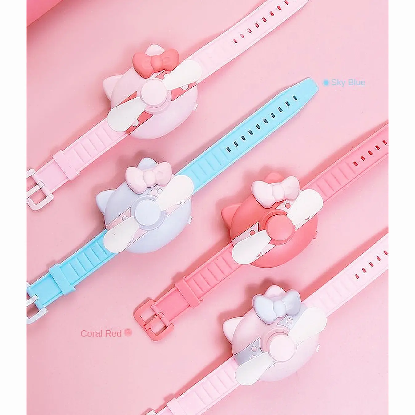 【Deals For You】Festival-Proof Hands-Free Fan Bracelet - Cute Cat Design w/ Candy Colors Portable Wrist Cooler for Coachella Concerts & Outdoor Adventures Kawaii Tech Gift for Women & Teens in Sky Blue & Coral Red