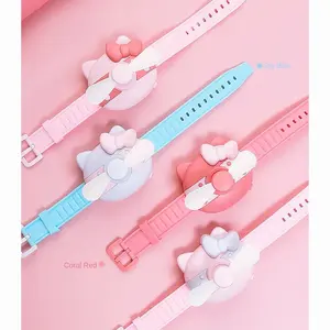 Festival-Proof Hands-Free Fan Bracelet - Cute Cat Design w/ Candy Colors Portable Wrist Cooler for Coachella Concerts & Outdoor Adventures Kawaii Tech Gift for Women & Teens in Sky Blue & Coral Red