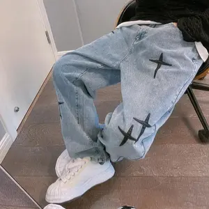 Zhengyu’s Shop Men’s Printed Jeans, 2023 New Arrival — Streetwear baggy wide-leg jeans, Korean fashion drape, straight casual loose denim cargo pants