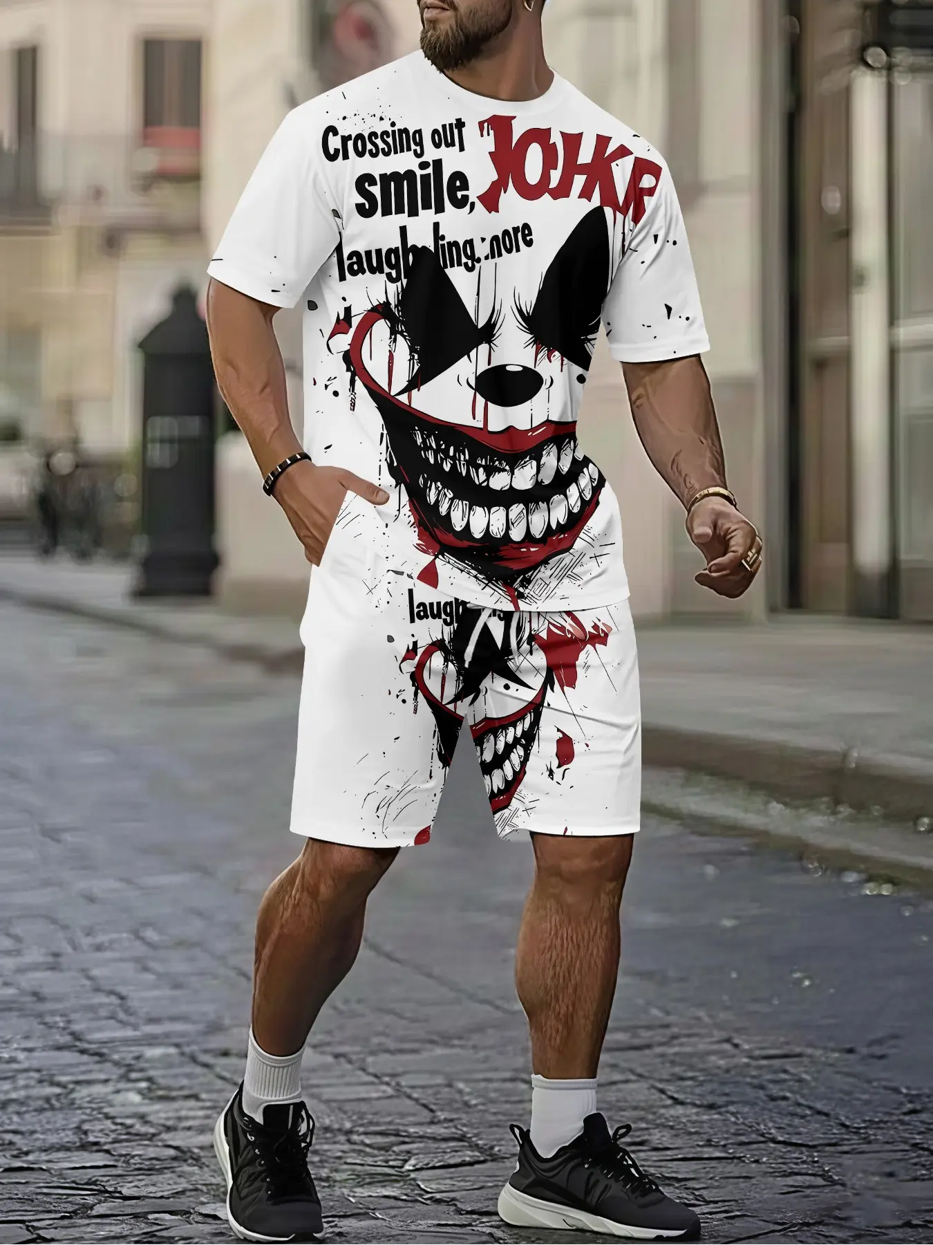 Dark, Cool, Stylish style clown Joker splatter men's 3D digital printed two-piece set, Shorts Sets Outfits, 2Pcs, trendy set, vacation-style trendy outfit, breathable sports, Casual and leisure style, a gift for men, Clothes, Top