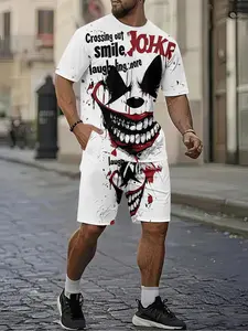 Dark and cool style clown Joker splatter men's 3D digital printed two-piece set, 2Pcs, trendy and fashionable set, trendy retro casual two-piece set, vacation-style trendy outfit, breathable sports and leisure style, a perfect holiday gift for men