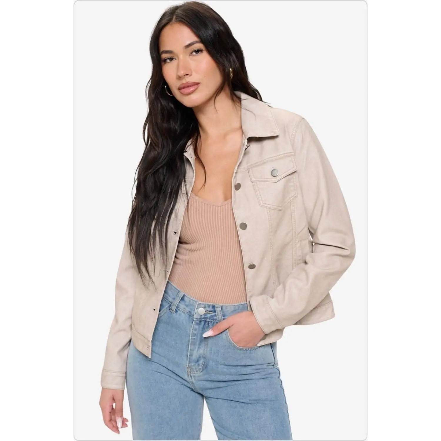 Women's Button Down Cargo Vegan Leather Shacket in Cream