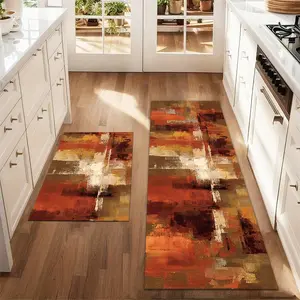 2Pcs Abstract Floor Mat Set Retro Orange Black Abstract Art Printed Carpet Farmhouse Anti Fatigue Kitchen Carpet Non Slip Washable Winter Kitchen Dining Floor Laundry Room Decoration Home Decor Rug Carpet Mat Kitchen Area Rug