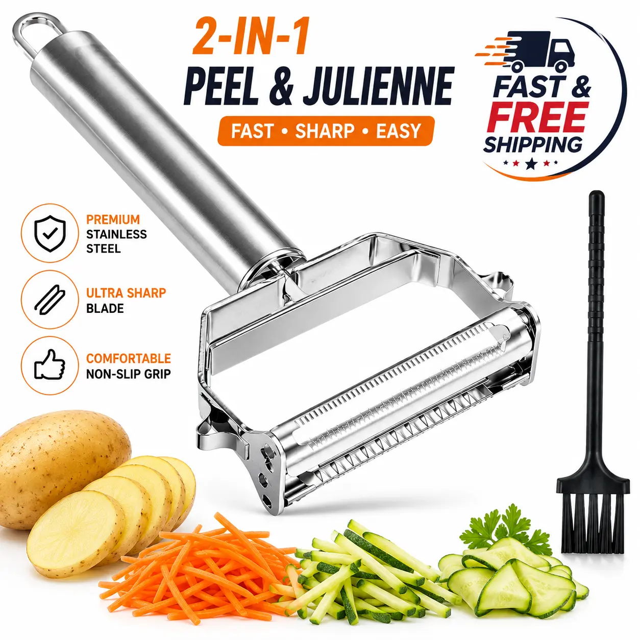 Julienne Peeler & Vegetable Slicer, Handheld Kitchen Prep Utensils for Potato, Carrot, Cucumber Peeling & Shredding