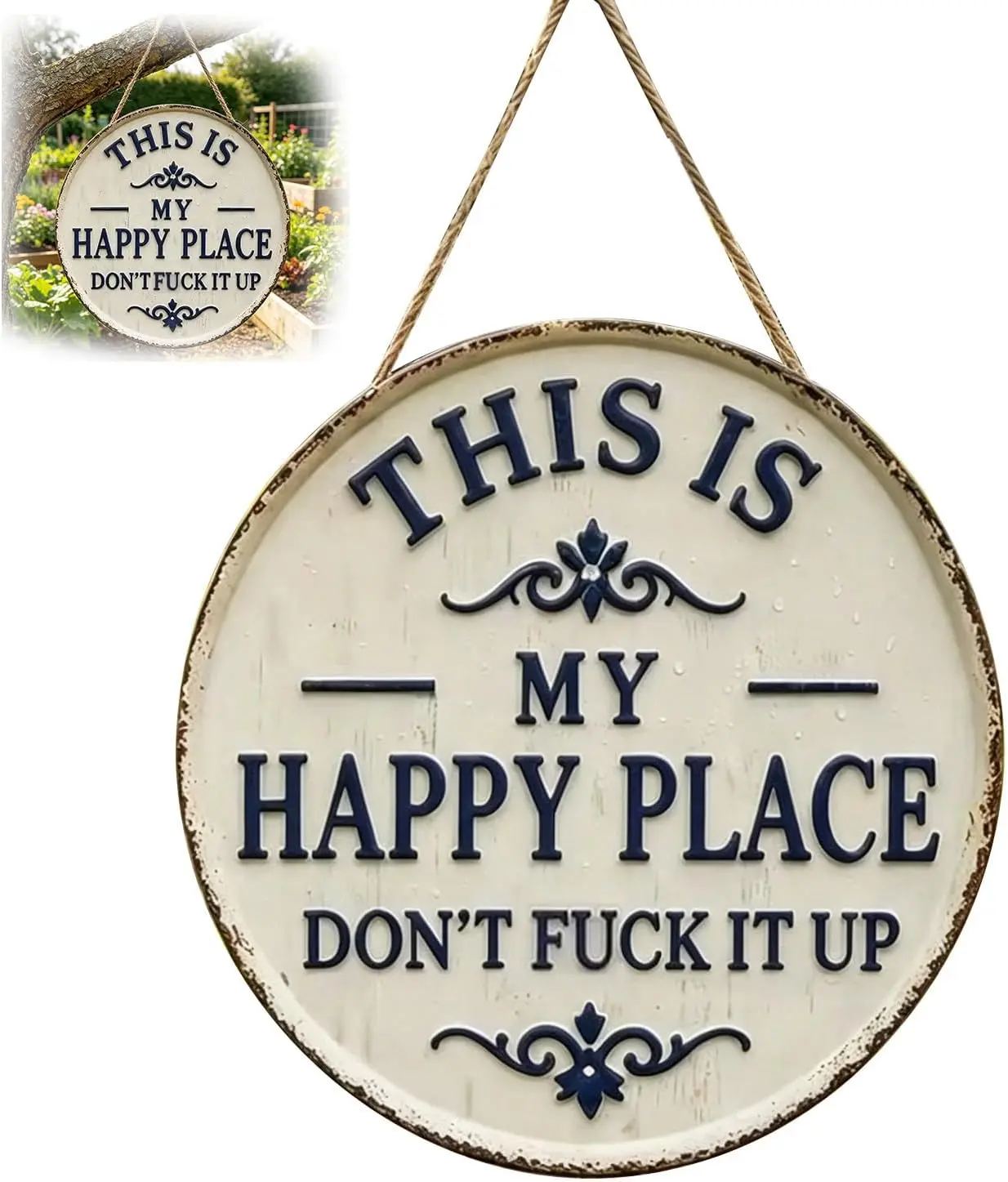 12x12in Decorative Metal Garden Sign - Funky Casual Vintage Farmhouse Outdoor Decor, Mountable Hanging Adult Gift Plaque with "This Is My Happy Place Don't F*ck It Up" Quote for Home Garden Anniversary