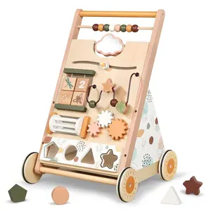 Joyreal Wooden Baby Walker Push Toys - Adjustable Speed Push Walker with Wheels and Learning Activity Center - Neutral Color Montessori Toys for Baby Boys and Girls Birthday Gifts