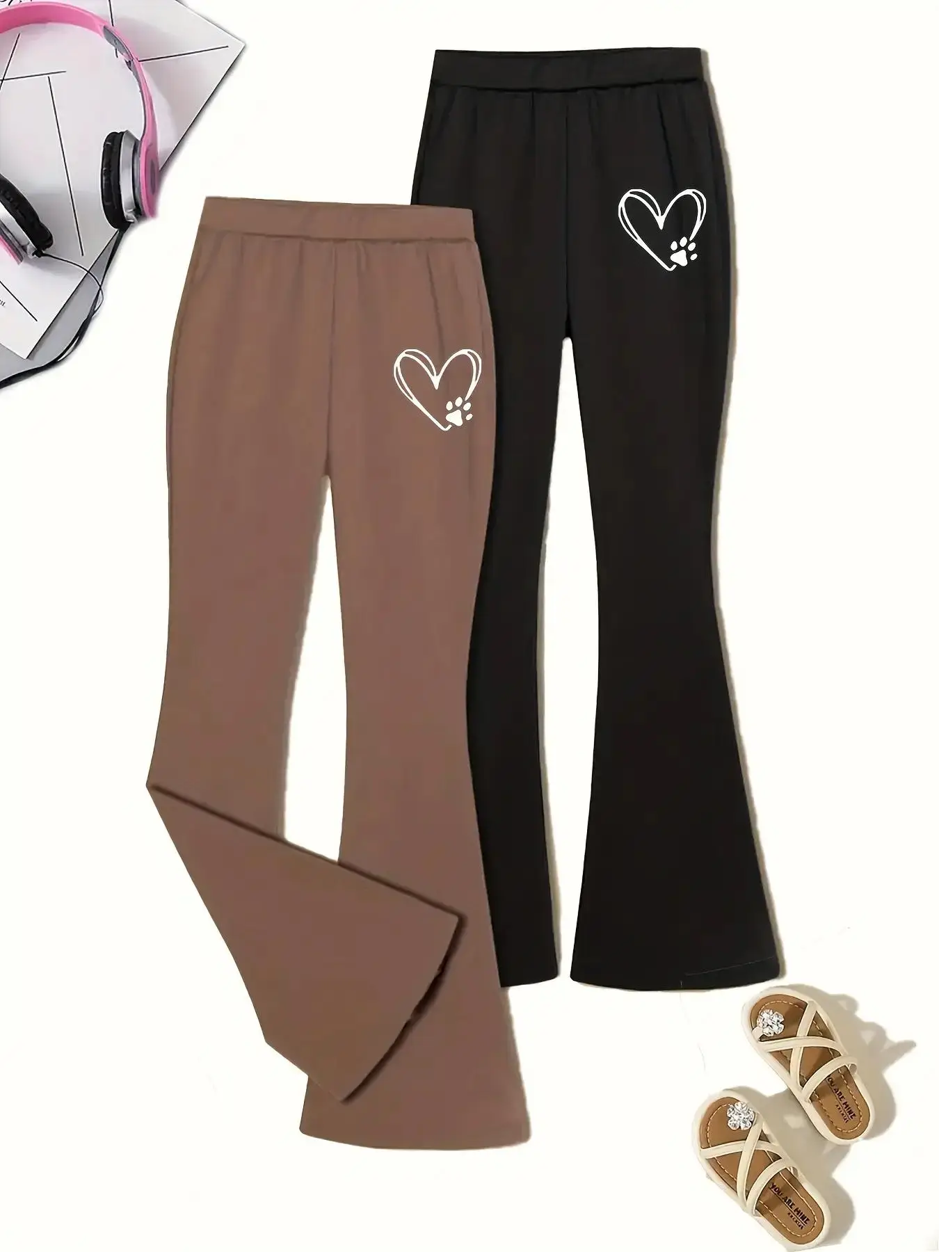 Girl's Heart Print Elastic Waist Flare Leg Pants, Casual Comfy Bell Bottom Trousers for Spring & Fall, Kids Bottoms for Daily Wear