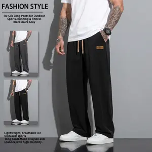Men’s lightweight ice silk breathable casual athletic pants made from nylon and elastic fibers, featuring high elasticity fabric. Straight-leg long pants with drawstring waist, solid color, versatile casual athletic style, suitable for everyday wear