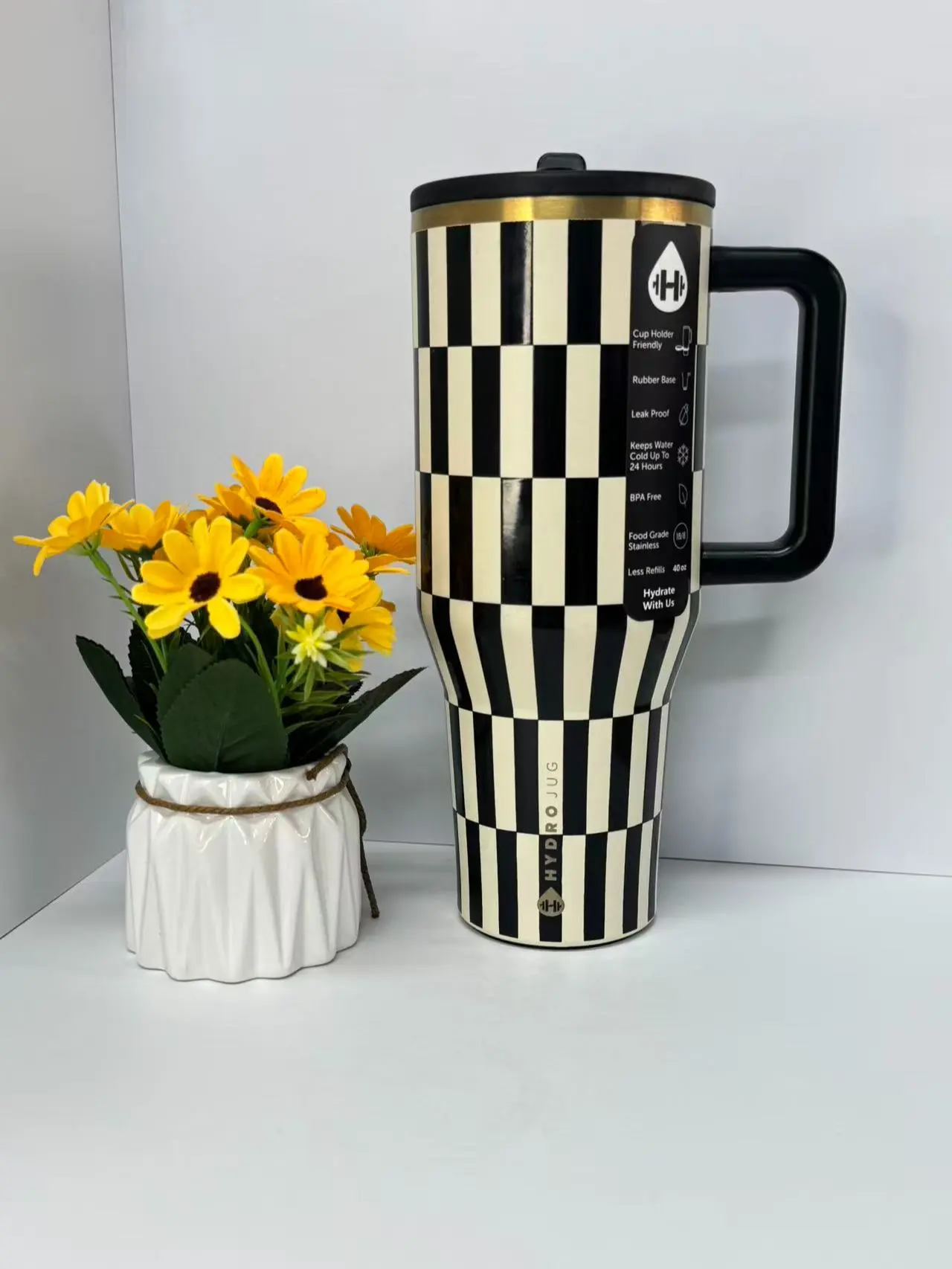 HydroJug 40 oz Black gold vertical Striped with Handle and Straw Tumbler Water Bottle  large capacity car cup, 100% Leakproof Insulated Tumbler  | Keeps Ice 24+ Hours | Cup Holder Friendly Base | Insulated Thermal Tumbler, Easy-Clean Durable Travel Mug